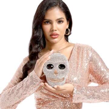 Boutique De FGG Gold Skull Crystal Clutch Purse Women Rhinestone Evening Handbags Party Prom Halloween Clutch Bag, Mini