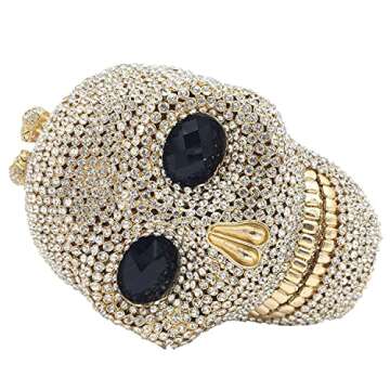 Boutique De FGG Gold Skull Crystal Clutch Purse Women Rhinestone Evening Handbags Party Prom Halloween Clutch Bag, Mini