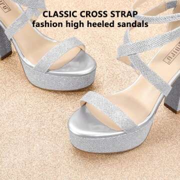 IDIFU Women's Platform Chunky High Heels Dress Sandals Open Toe Ankle Strap Strappy Wedding Bridal Party Dance Shoes For Women Bride (Silver Glitter, 8.5 M US)