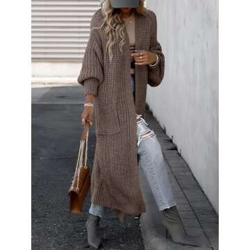 Caracilia Women Cardigan Sweaters Long Sleeve Open Front Knit Long Coat Duster Cozy 2024 Fall Winter Outfits with Pockes Brown Medium