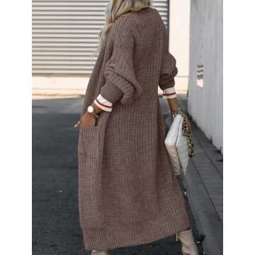 Caracilia Women Cardigan Sweaters Long Sleeve Open Front Knit Long Coat Duster Cozy 2024 Fall Winter Outfits with Pockes Brown Medium