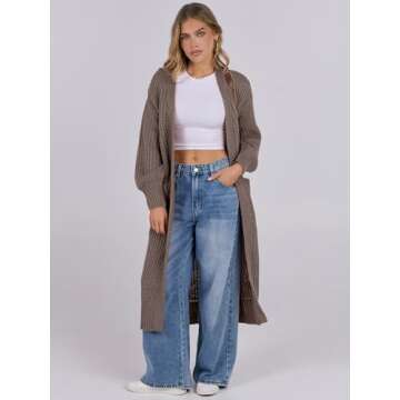 Caracilia Women Cardigan Sweaters Long Sleeve Open Front Knit Long Coat Duster Cozy 2024 Fall Winter Outfits with Pockes Brown Medium