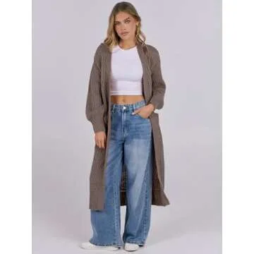 Caracilia Women Cardigan Sweaters Long Sleeve Open Front Knit Long Coat Duster Cozy 2024 Fall Winter Outfits with Pockes Brown Medium