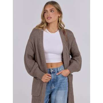 Caracilia Women Cardigan Sweaters Long Sleeve Open Front Knit Long Coat Duster Cozy 2024 Fall Winter Outfits with Pockes Brown Medium