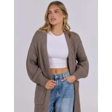 Caracilia Women Cardigan Sweaters Long Sleeve Open Front Knit Long Coat Duster Cozy 2024 Fall Winter Outfits with Pockes Brown Medium