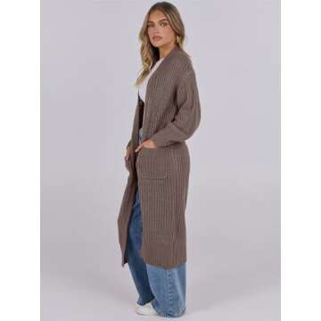 Caracilia Women Cardigan Sweaters Long Sleeve Open Front Knit Long Coat Duster Cozy 2024 Fall Winter Outfits with Pockes Brown Medium