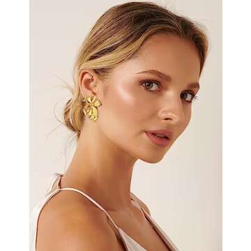 WOWORAMA Gold Flower Earrings for Women 18K Gold Plated Sculptural Flower Stud Earrings Boho Exaggerated Statement Earrings Polished Metal Floral Earrings