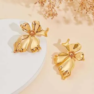 WOWORAMA Gold Flower Earrings for Women 18K Gold Plated Sculptural Flower Stud Earrings Boho Exaggerated Statement Earrings Polished Metal Floral Earrings