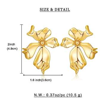 WOWORAMA Gold Flower Earrings for Women 18K Gold Plated Sculptural Flower Stud Earrings Boho Exaggerated Statement Earrings Polished Metal Floral Earrings