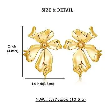WOWORAMA Gold Flower Earrings for Women 18K Gold Plated Sculptural Flower Stud Earrings Boho Exaggerated Statement Earrings Polished Metal Floral Earrings
