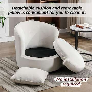 INZOY Swivel Barrel Chair with Cloth Fabric, Swivel Accent Chair Sherpa Chair with Plump Pillow, Comfy Round Accent Chair for Living Room, Swivel Round Chair with Detachable Cushion, White