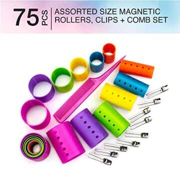 Conair Magnetic Hair Rollers, Curlers in Assorted Sizes and Colors, Rollers Curler Set with Comb Clips Included, 75-Piece