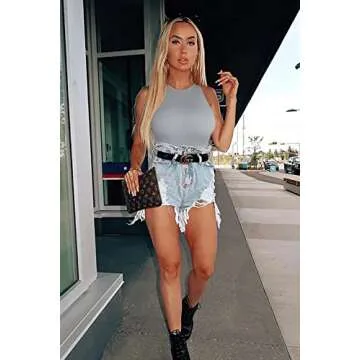 OQQ Women's 3 Piece Bodysuits Sexy Ribbed One Piece Sleeveless Halter Neck Tops Leotard Summer Trendy Black Grey Beige