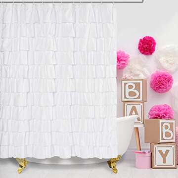 WestWeir Ruffle Shower Curtain,84-inches Extra Long,White Ruffled Bath Curtains for Bathroom,Fabric Farmhouse Decor,Soft Touch Decorative Cloth Texture,(L84xW72 inch,1 Panel)