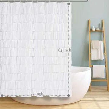 WestWeir Ruffle Shower Curtain,84-inches Extra Long,White Ruffled Bath Curtains for Bathroom,Fabric Farmhouse Decor,Soft Touch Decorative Cloth Texture,(L84xW72 inch,1 Panel)