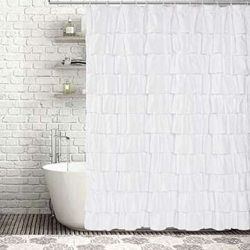 WestWeir Ruffle Shower Curtain,84-inches Extra Long,White Ruffled Bath Curtains for Bathroom,Fabric Farmhouse Decor,Soft Touch Decorative Cloth Texture,(L84xW72 inch,1 Panel)