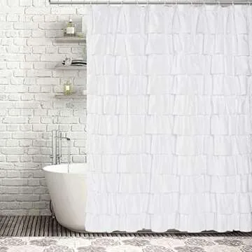 WestWeir Ruffle Shower Curtain,84-inches Extra Long,White Ruffled Bath Curtains for Bathroom,Fabric Farmhouse Decor,Soft Touch Decorative Cloth Texture,(L84xW72 inch,1 Panel)