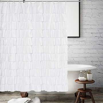 WestWeir Ruffle Shower Curtain,84-inches Extra Long,White Ruffled Bath Curtains for Bathroom,Fabric Farmhouse Decor,Soft Touch Decorative Cloth Texture,(L84xW72 inch,1 Panel)