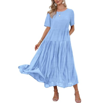 YESNO Women Casual Loose Bohemian Floral Dress with Pockets Short Sleeve Long Maxi Summer Beach Swin...