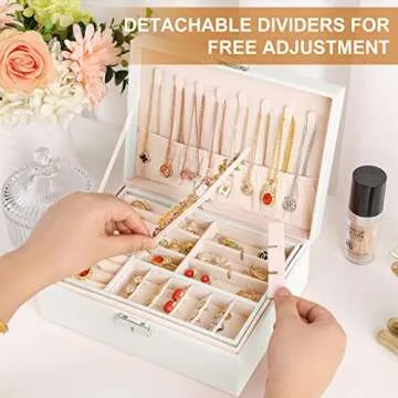 Jewelry Box Organizer for Women Girls 2 Layer Leather Travel Jewelry Storage Case with Lock and Removable Tray for Necklace Earrings Rings Bracelets Gift, Come with Polishing Cloth and Jewelry Bags
