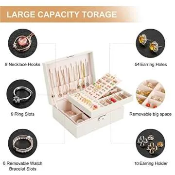 Jewelry Box Organizer for Women Girls 2 Layer Leather Travel Jewelry Storage Case with Lock and Removable Tray for Necklace Earrings Rings Bracelets Gift, Come with Polishing Cloth and Jewelry Bags