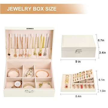 Jewelry Box Organizer for Women Girls 2 Layer Leather Travel Jewelry Storage Case with Lock and Removable Tray for Necklace Earrings Rings Bracelets Gift, Come with Polishing Cloth and Jewelry Bags
