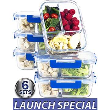 LARGE Premium 6 Sets Glass Meal Prep Containers 3 Compartment with Snap Locking Lids, BPA-Free, Microwave, Oven, Freezer, Dishwasher Safe (4.5 Cup, 36 Oz, Rectangle)