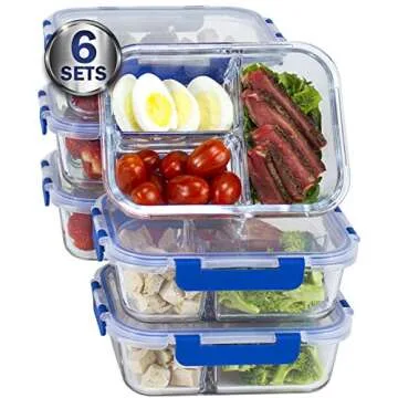 LARGE Premium 6 Sets Glass Meal Prep Containers 3 Compartment with Snap Locking Lids, BPA-Free, Microwave, Oven, Freezer, Dishwasher Safe (4.5 Cup, 36 Oz, Rectangle)