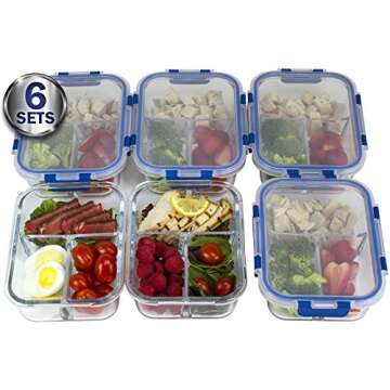 LARGE Premium 6 Sets Glass Meal Prep Containers 3 Compartment with Snap Locking Lids, BPA-Free, Microwave, Oven, Freezer, Dishwasher Safe (4.5 Cup, 36 Oz, Rectangle)