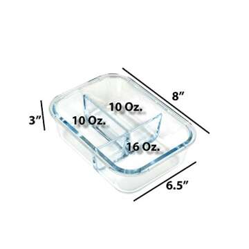 LARGE Premium 6 Sets Glass Meal Prep Containers 3 Compartment with Snap Locking Lids, BPA-Free, Microwave, Oven, Freezer, Dishwasher Safe (4.5 Cup, 36 Oz, Rectangle)