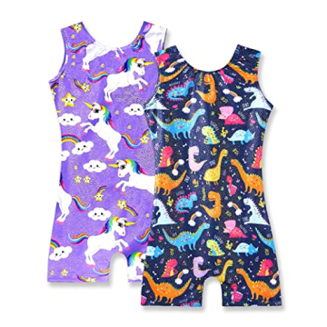 Nymphperi Gymnastics Leotards for Girls 2 Pack Size 5-6 Years Old Sparkly Colorful Dinosaur Biketard...