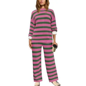 Panadila Womens Oversized Lounge Sets Striped Sweater Set 2 Piece Pajama Set Long Sleeve Top and Pants with Pockets(Pink Green Combo,M)