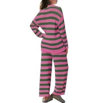 Panadila Womens Oversized Lounge Sets Striped Sweater Set 2 Piece Pajama Set Long Sleeve Top and Pants with Pockets(Pink Green Combo,M)