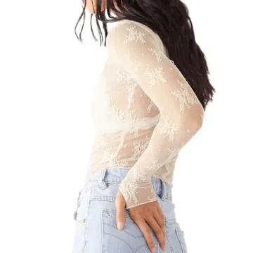Chic Sheer Mesh Long Sleeve Top for Women - Floral Lace