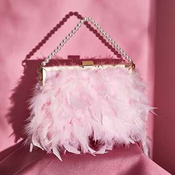 Amylove Feather Clutch Purses for Women Wedding Evening Bride Furry Purse Classy Fringe Purse Glossy Designer Purse(Pink)