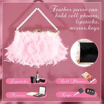Amylove Feather Clutch Purses for Women Wedding Evening Bride Furry Purse Classy Fringe Purse Glossy Designer Purse(Pink)