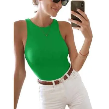 REORIA Womens Sexy Sleeveless Halter Neck Racer Back Leotard High Waist Thong Bodysuits Tank Tops Green Medium