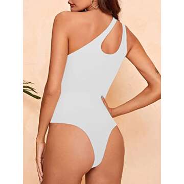 REORIA Women's Summer Sexy One Shoulder Cutout Front Sleeveless One Piece Tank Tops Backless Thong Bodysuits Leotards for Going Out White Large