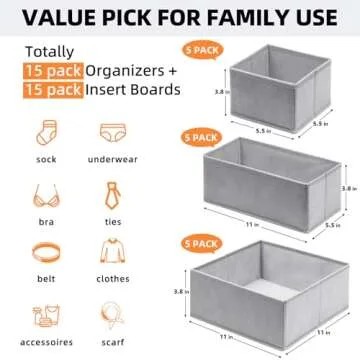 Criusia Drawer Organizers for Clothing 15 Pack, Foldable Fabric Closet Organizers and Storage Bins for Baby Clothes, Dresser Drawer Dividers for Adult Sock Underwear, Bra, Nursery Organization (Grey)