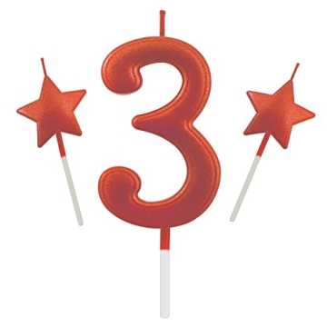 2.75in Red Number 3 Birthday Candles, Glitter Red Happy Birthday Cake Cupcake Toppers Decoration and...