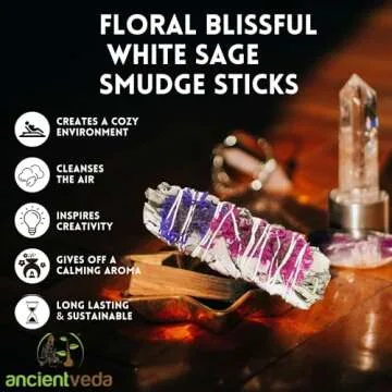 Soul Sticks 4 Inch 3 Pack Floral Blissful White Sage Smudge Sticks Bulk with Starter Guide | Smudge Sticks Bulk | Sage for Cleansing House | White Sage for Smudging and Negative Energy | Sage Bundles