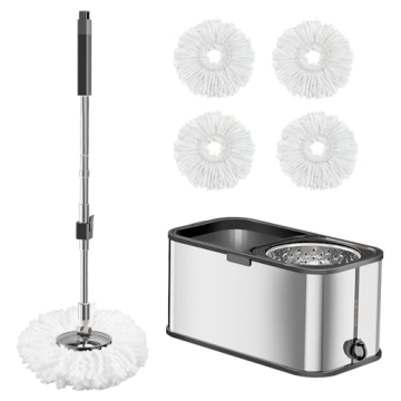 Square Mop and Bucket with Wringer Set and 4 Pack Spin Mop Replacement Heads
