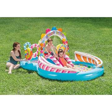 INTEX Candy Zone Inflatable Kiddie Pool: Inflatable Kids Pool with Water Sprayer and Slide – Splash Pad – 116" x 75" x 51" – Ages 3+