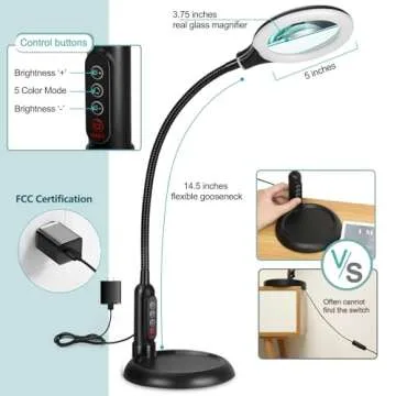 TOMSOO 5X Magnifying Glass with Light and Clamp, 5 Color Modes Stepless Dimmable Lighted Magnifier w...
