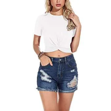 JINKESI Women's Summer Causal Short Sleeve Blouse Round Neck Crop Tops Twist Front Tee T-Shirt White-Medium