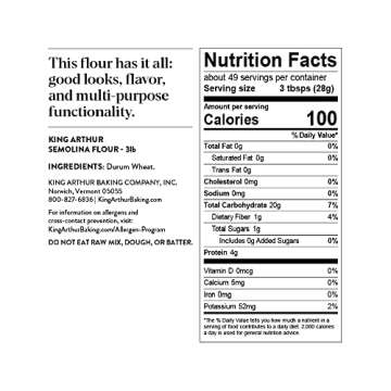 King Arthur Premium Semolina Flour: Coarse Ground, High Protein Durum Wheat for Perfect Pasta, Pizza, and Bread Making - Kosher, 3 lbs Resealable Bag, USA-Grown Wheat, Versatile Baking Ingredient