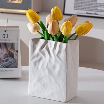 Levvohd White Crinkle Paper Bag Ceramic Vase, Unique Square Wide Mouth Pleated Big Vases, Aesthetic ...