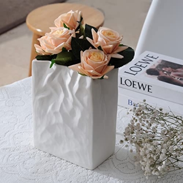 Levvohd Unique White Pleated Ceramic Vase for Home Decor