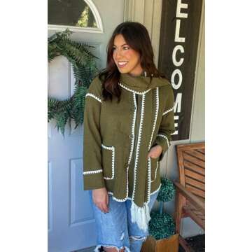 Angashion Womens Oversized Embroidered Scarf Woolen Coat Jacket Long Sleeve Button Down Outerwear With Two Pockets Army Green Medium