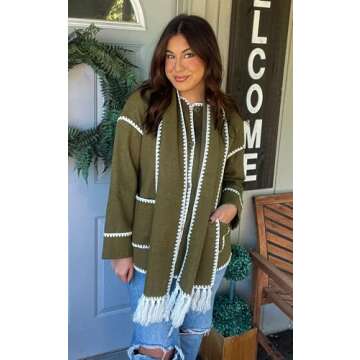 Angashion Womens Oversized Embroidered Scarf Woolen Coat Jacket Long Sleeve Button Down Outerwear With Two Pockets Army Green Medium